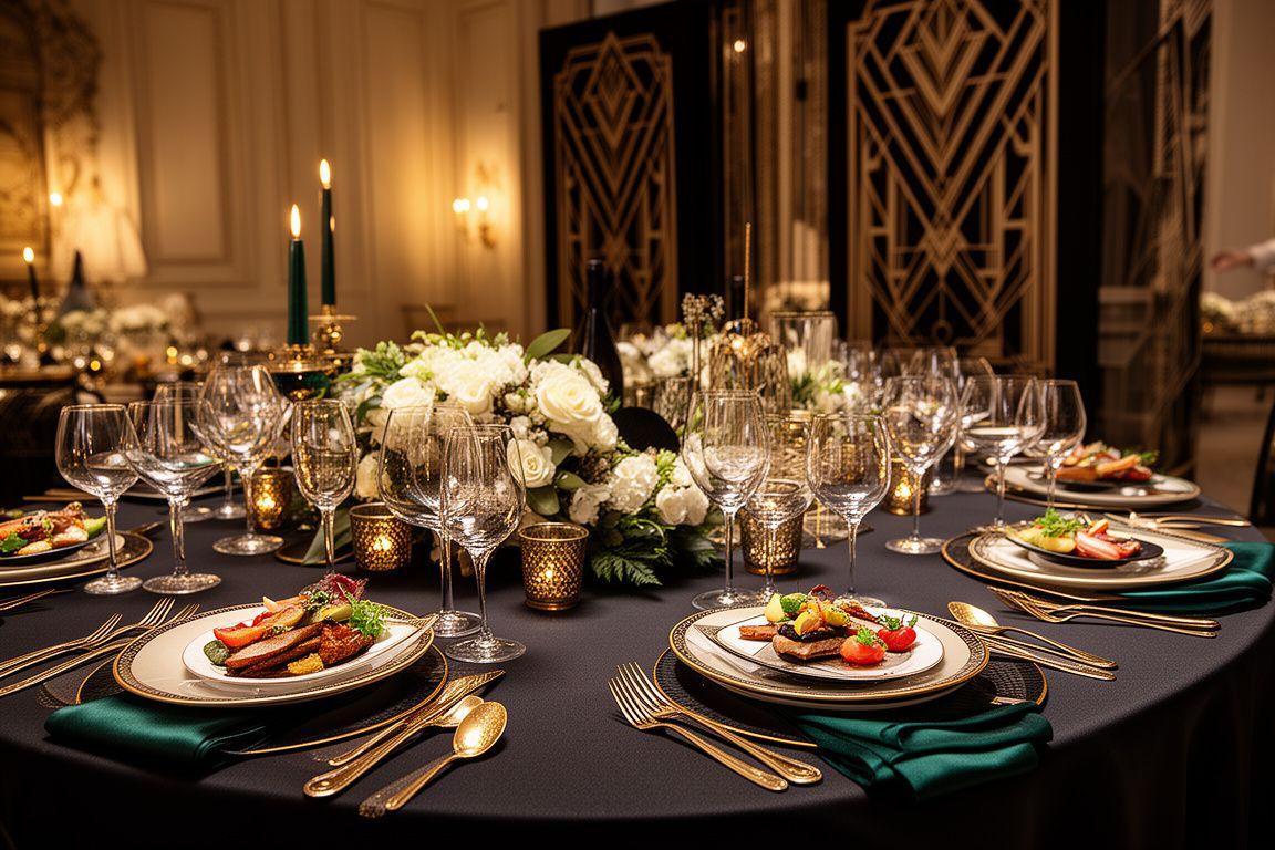 Montaje elegante de catering Art Deco para una celebración de lujo