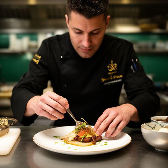 Chef ejecutivo de DecoPlate Catering preparando un plato de alta cocina